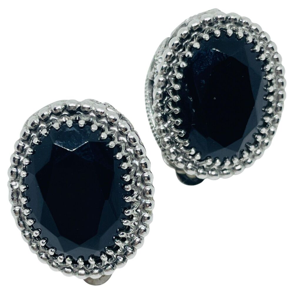 WHITING DAVIS signed silver tone vintage black glass designer clip on earrings